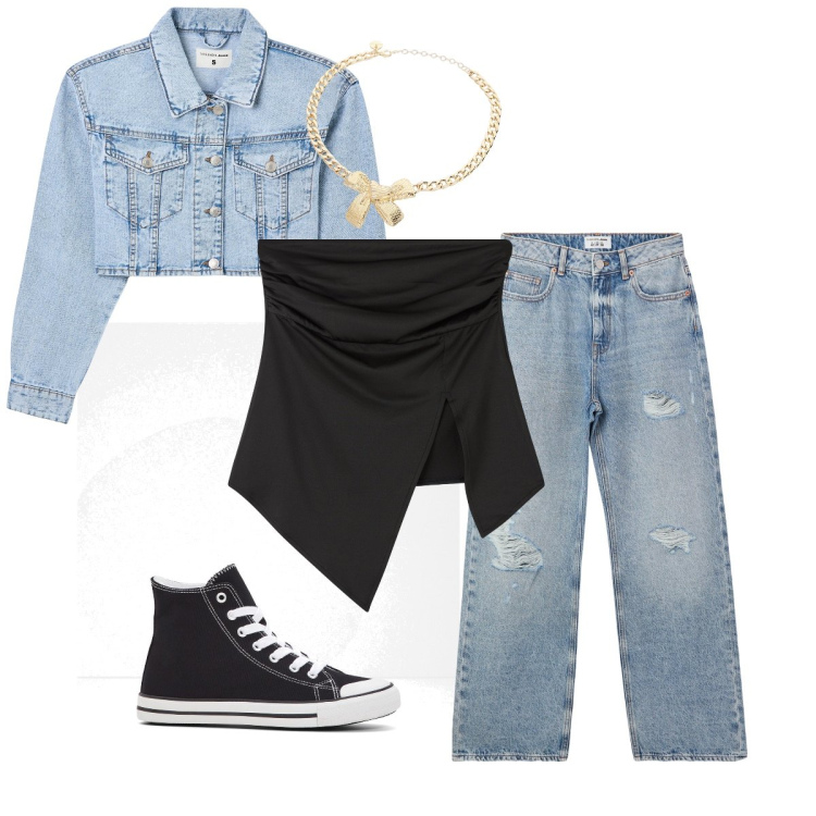 Outfit donna - Casual ogni giorni. Stile Casual per Tutti i giorni. Abbinamento con sneakers alte, top, jeans strappati, blazer, collane.