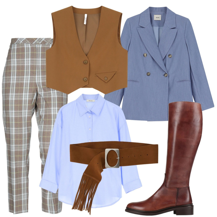 Outfit donna - Viva l \' ippica. Stile Sporty chic per Tutti i giorni. Abbinamento con stivali, pantaloni, gilet, camicie, blazer, cinture.