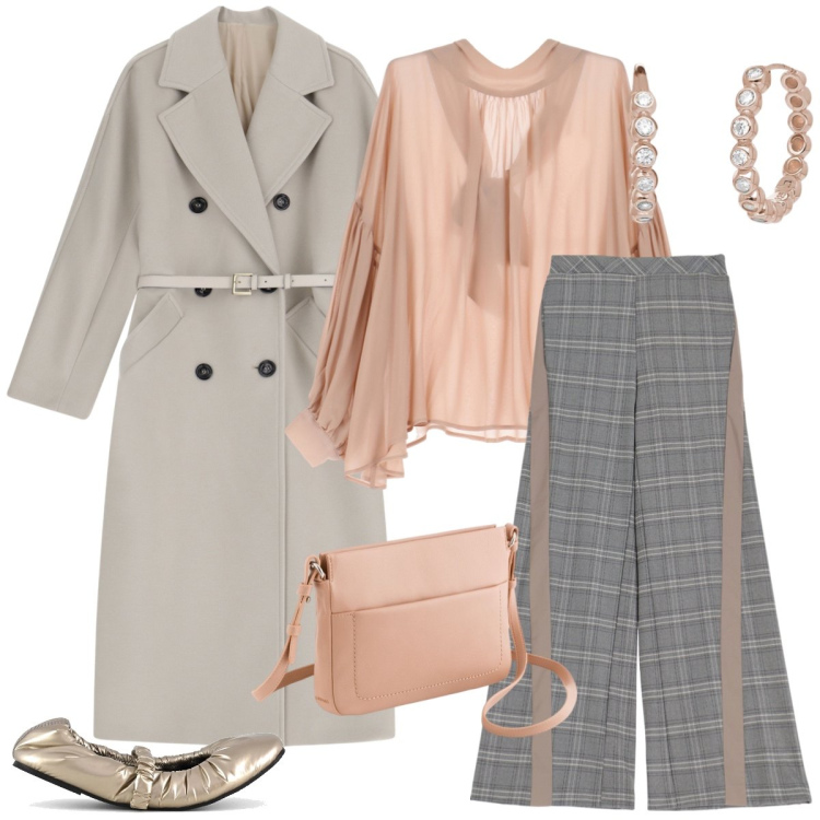 Outfit donna - Total look #2082256. Stile Casual chic per Ufficio. Abbinamento con orecchini, camicie, pantaloni a palazzo, cappotti, ballerine, borse a tracolla.