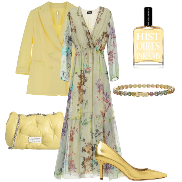 Outfit donna - L’abito floreale. Stile Romantica per Cerimonia. Abbinamento con borse a tracolla, profumi, braccialetti, blazer, décolleté, vestiti lunghi.