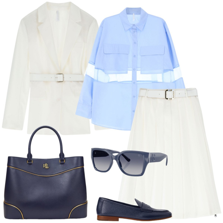 Outfit donna - Total look #2082263. Stile Minimal per Ufficio. Abbinamento con gonne longuette, camicie, blazer, occhiali da sole, borse a mano, mocassini.