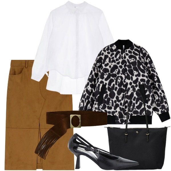 Outfit donna - IMPERIAL - Take off. Stile Chic per Ufficio. Abbinamento con décolleté, cinture, gonne longuette, camicie, bomber, borse tote.