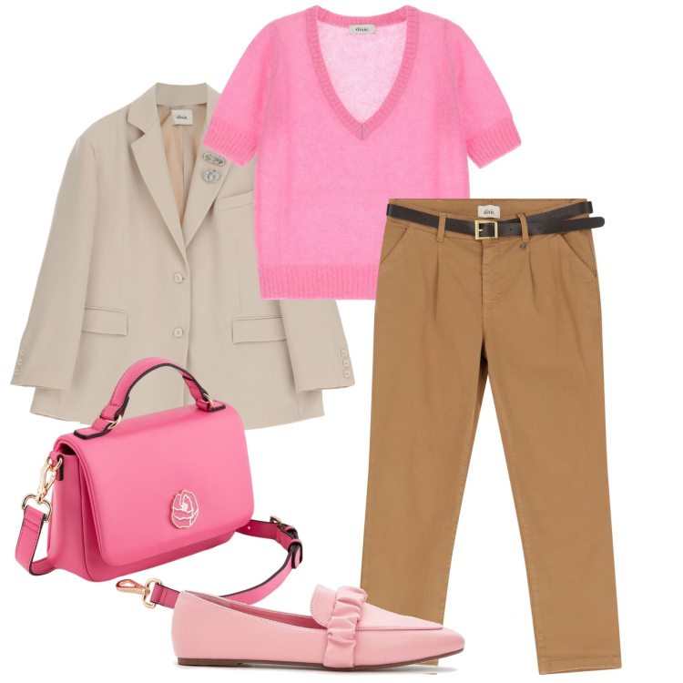 Outfit donna - Dettagli rosa. Stile Romantica per Tutti i giorni. Abbinamento con mocassini, blazer, maglieria, pantaloni chino, borse a cartella.