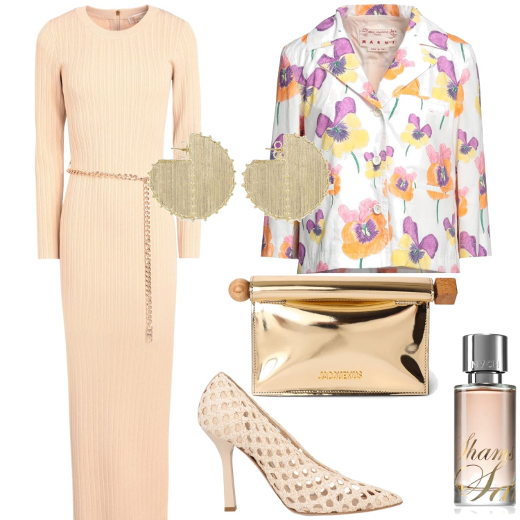 Outfit donna - Invitata prossimamente. Stile Romantica per Cerimonia. Abbinamento con vestiti lunghi, blazer, décolleté, profumi, orecchini, pochette.