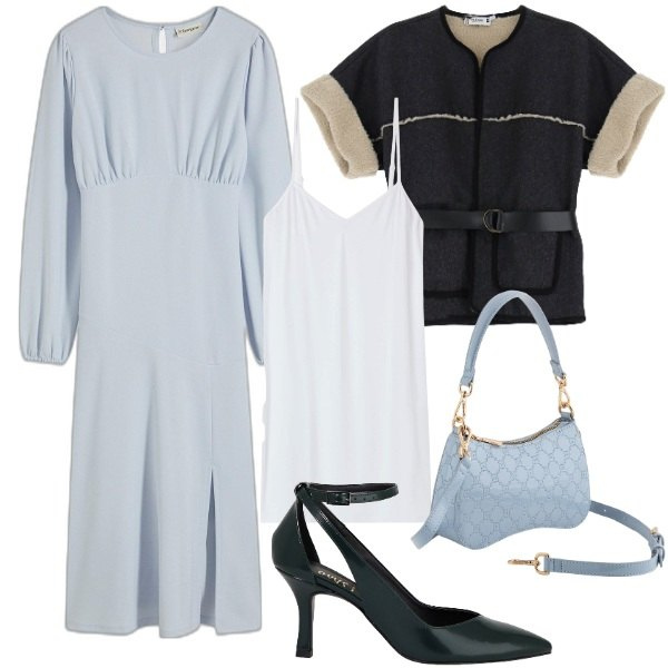 Outfit donna - Borsa CARPISA azzurro polvere. Stile Trendy per Ufficio. Abbinamento con vestiti midi/longuette, sottovesti, blazer, décolleté, borse a tracolla.