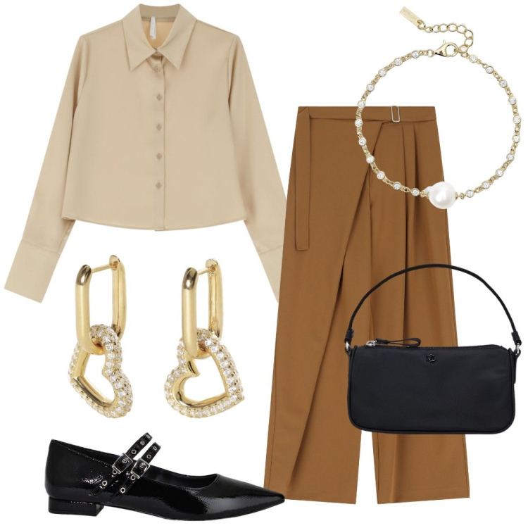 Outfit donna - Outfit Imperial PE 2025. Stile Chic per Ufficio. Abbinamento con orecchini, braccialetti, pantaloni a palazzo, camicie, ballerine, pochette.