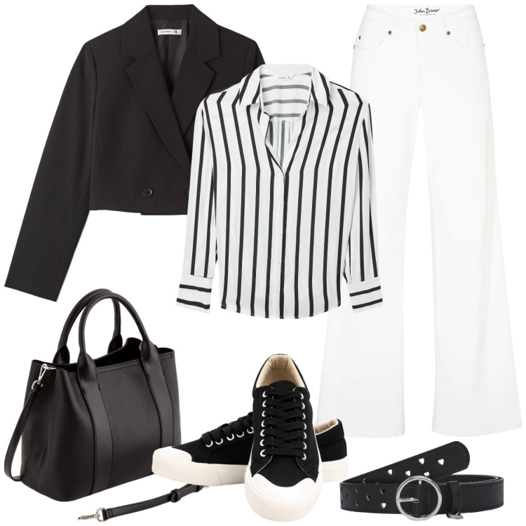 Outfit donna - Sportiva ed elegante. Stile Sporty chic per Tutti i giorni. Abbinamento con jeans, blazer, camicie, cinture, sneakers, borse a mano.