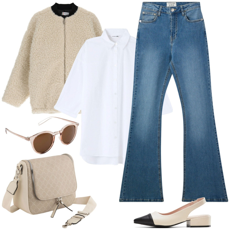 Outfit donna - Sporty chic. Stile Sporty chic per Tutti i giorni. Abbinamento con occhiali da sole, décolleté, jeans a zampa, camicie, blazer, borse a tracolla.