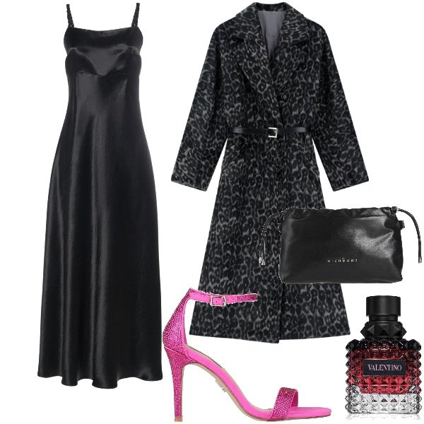 Outfit donna - Serata. Stile Glamour per Serata fuori. Abbinamento con sandali col tacco, borse a mano, profumi, cappotti, vestiti midi/longuette.