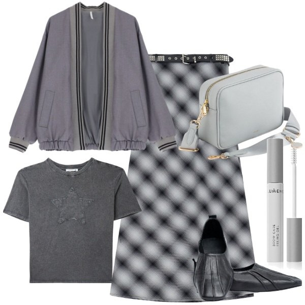 Outfit donna - Grigio a marzo. Stile Casual chic per Ufficio. Abbinamento con mascara, t-shirt, bomber, gonne lunghe, borse a tracolla, ballerine.