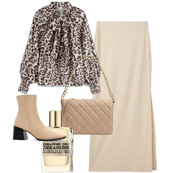 Outfit donna - Camicia animalier. Stile Bon Ton per Ufficio. Abbinamento con camicie, stivaletti, profumi, gonne lunghe, borse a tracolla.