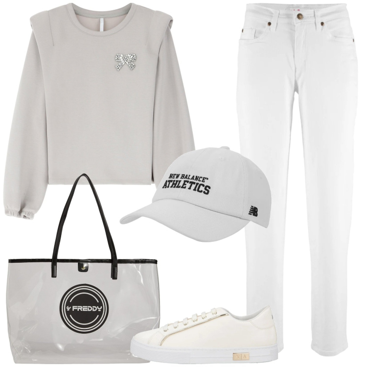 Outfit donna - Felpa e jeans. Stile Basic per Tutti i giorni. Abbinamento con jeans mom, sneakers, cappelli, felpe, shopping bag.