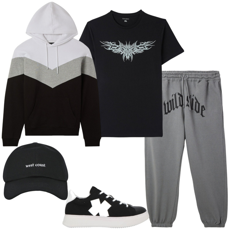 Outfit uomo - Young, sporty. Stile Casual per Sport. Abbinamento con sneakers, cappelli con visiera, t-shirt, felpe con cappuccio, pantaloni.