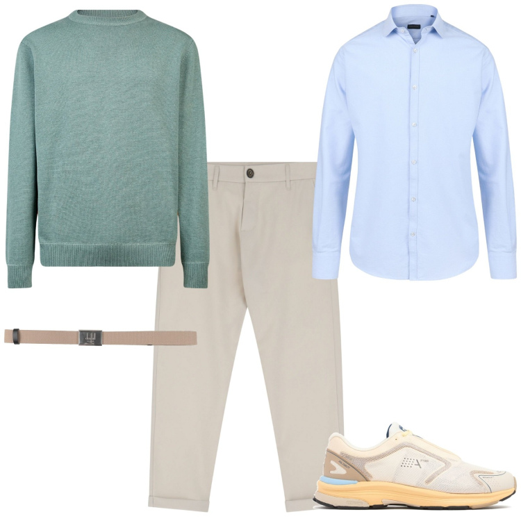 Outfit uomo - Ufficio easy. Stile Casual per Ufficio. Abbinamento con cinture, pantaloni chino, sneakers, maglieria, camicie.