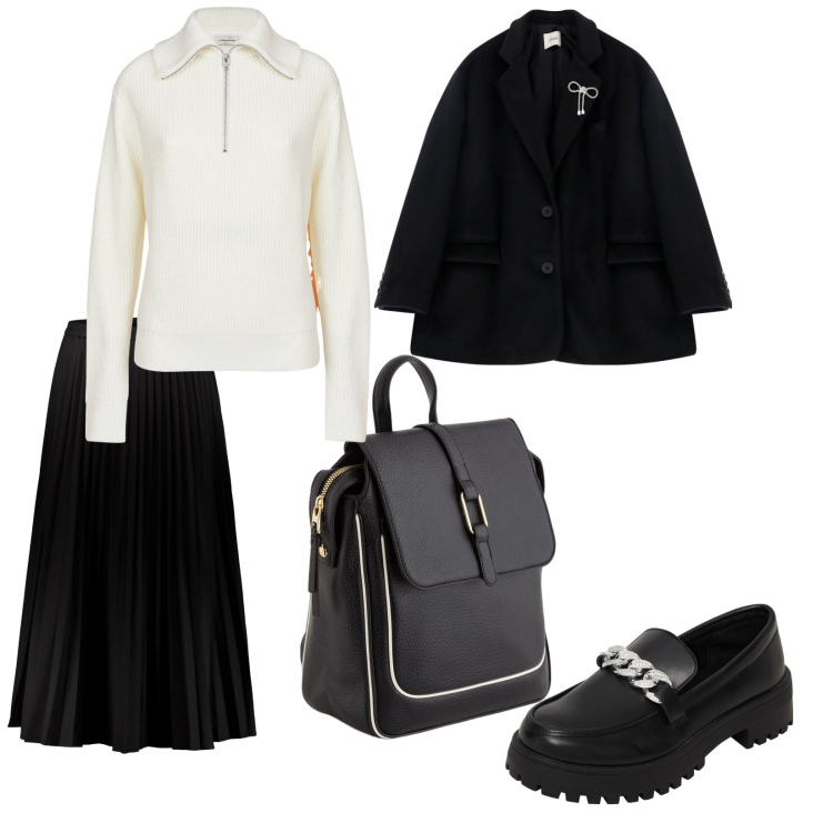Outfit donna - Scuola. per Scuola/Università. Abbinamento con mocassini, blazer, gonne lunghe, maglieria, zaini.
