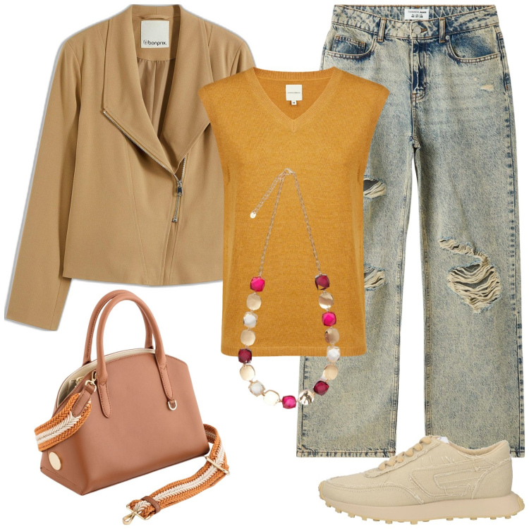 Outfit donna - Total look #2082313. Stile Casual per Tutti i giorni. Abbinamento con bomber, sneakers, jeans strappati, maglieria, collane, borse a mano.