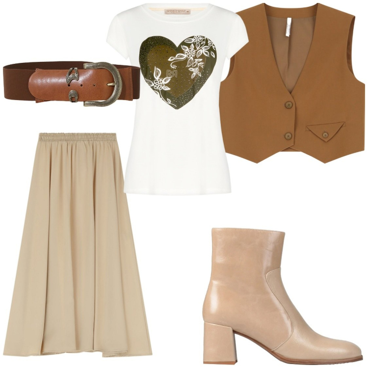 Outfit donna - Primavera in stile boho. Stile Boho per Tutti i giorni. Abbinamento con stivaletti, t-shirt, gilet, gonne lunghe, cinture.