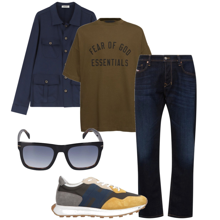 Outfit uomo - Very good. Stile Urban per Tutti i giorni. Abbinamento con sneakers, camicie, occhiali da sole, jeans dritti, t-shirt.