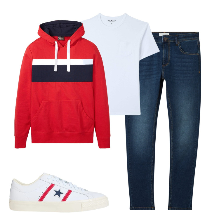 Outfit uomo - City. Stile Casual per Tutti i giorni. Abbinamento con felpe con cappuccio, sneakers, t-shirt, jeans skinny.