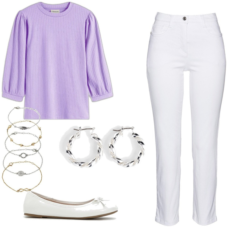 Outfit donna - Un giorno normale. Stile Chic per Tutti i giorni. Abbinamento con pantaloni, orecchini, braccialetti con ciondoli, ballerine, maglieria.