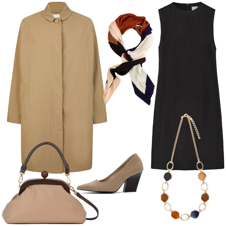 Outfit donna - Tubino nero. Stile Bon Ton per Tutti i giorni. Abbinamento con décolleté, clutch, vestiti a tubino, trench, collane, foulard.