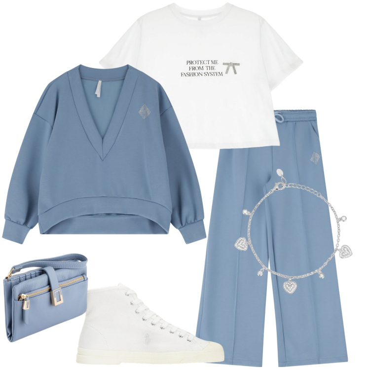 Outfit donna - New collection Imperial. Stile Casual per Ufficio. Abbinamento con braccialetti, t-shirt, maglieria, pantaloni, sneakers alte, portafogli.