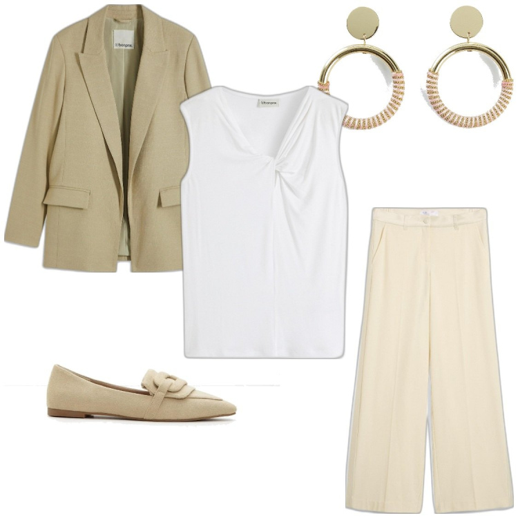 Outfit donna - Primavera beige. Stile Chic per Ufficio. Abbinamento con mocassini, pantaloni, top, blazer, orecchini.