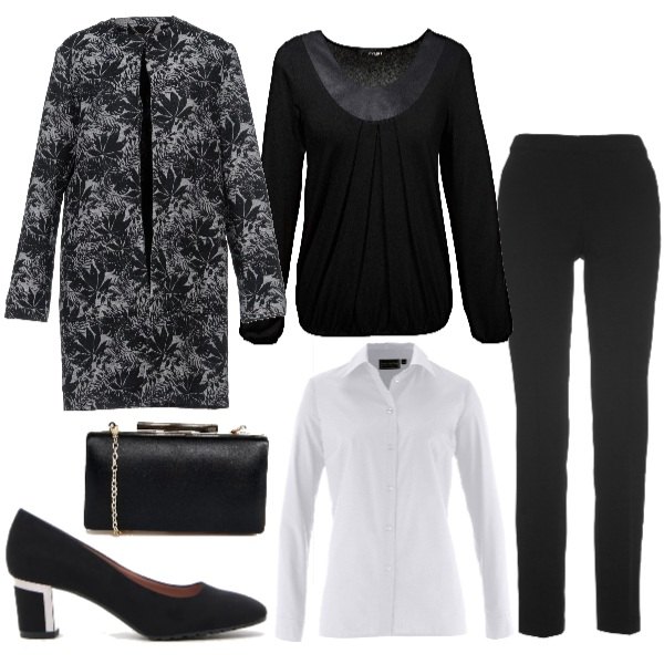Outfit donna - Chic a basso budget. Stile Chic per Tutti i giorni. Abbinamento con camicie, maglia con scollo a maniche lunghe in raso con pieghe, pantalone lungo, soprabito fantasia floreale collo tondo a maniche lunghe interno sfoderato jacquard, décolleté, pochette con spalline e tasca interna nero.