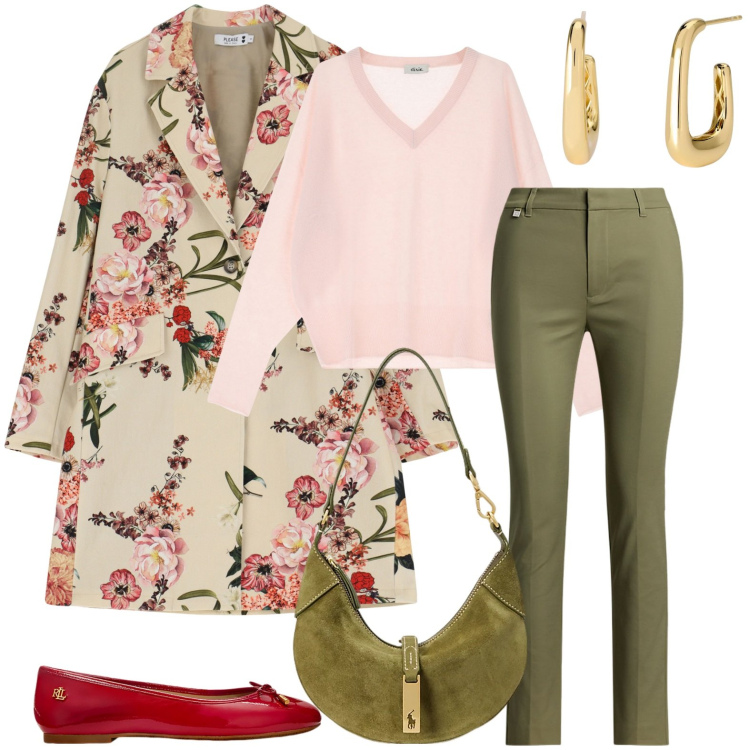 Outfit donna - Delicata in primavera. Stile Casual chic per Tutti i giorni. Abbinamento con orecchini, trench, pullovers, ballerine, borse a spalla, pantaloni.