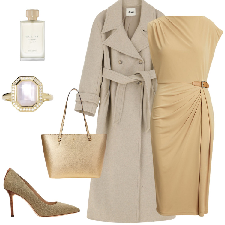 Outfit donna - Oro e pulce. Stile Romantica per Serata fuori. Abbinamento con profumi, anelli, trench, vestiti a tubino, borse tote, décolleté.