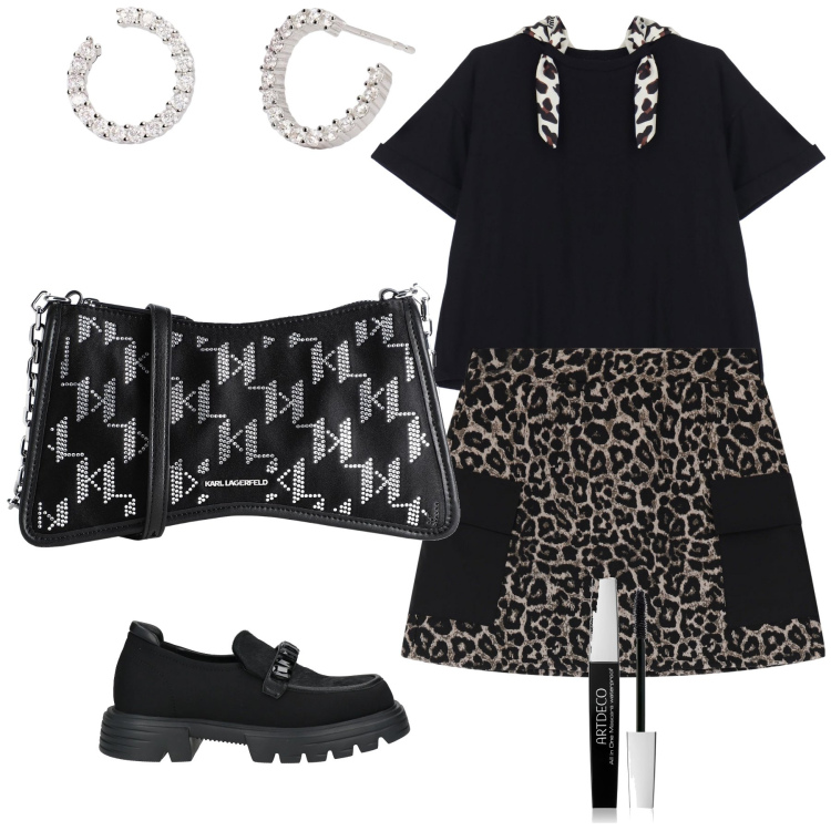 Outfit donna - Bianco nero e animalier. Stile Preppy per Tutti i giorni. Abbinamento con mascara, borse a tracolla, mocassini, orecchini, t-shirt, minigonne.