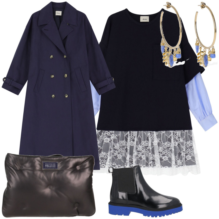 Outfit donna - Insolito aperitivo. Stile Trendy per Serata fuori. Abbinamento con stivaletti chelsea, borse a mano, trench, vestiti, orecchini.