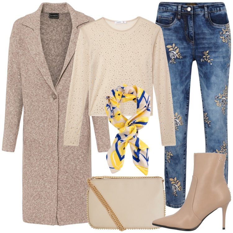 Outfit donna - Appuntamento in centro. Stile Sporty chic per Tutti i giorni. Abbinamento con jeans, cappotti, stivaletti, borse a tracolla, maglieria, foulard.