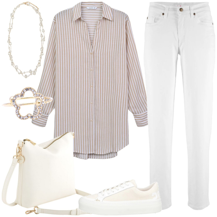 Outfit donna - Maxi camicia righe. Stile Casual per Tutti i giorni. Abbinamento con jeans mom, sneakers, camicie, anelli, collane, borse a tracolla.