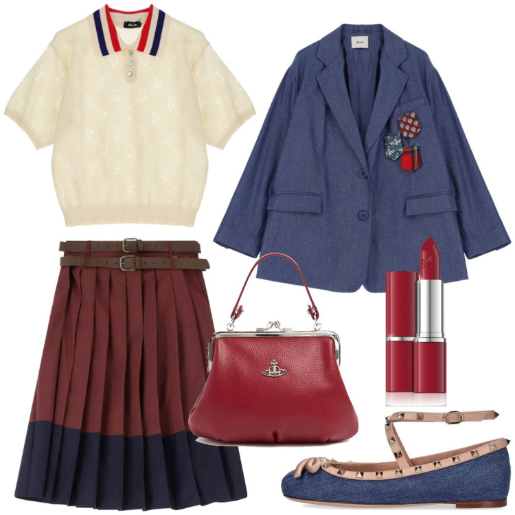 Outfit donna - Preppy style. Stile Preppy per Tutti i giorni. Abbinamento con rossetti, polo, gonne, blazer, borse a mano, ballerine.