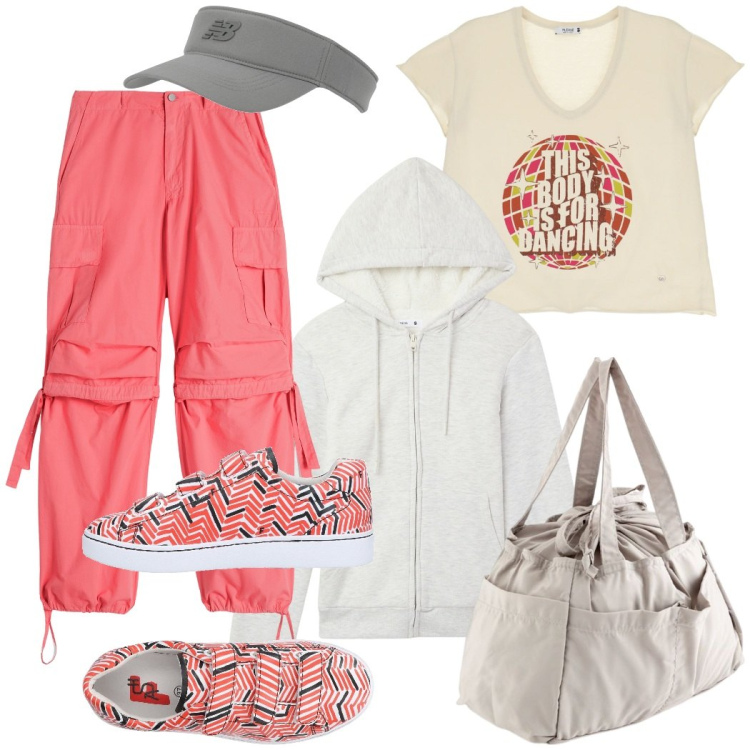 Outfit donna - In palestra. Stile Sporty chic per Sport. Abbinamento con sneakers, felpe con cappuccio, cappelli con visiera, t-shirt, pantaloni cargo, borse sportive.