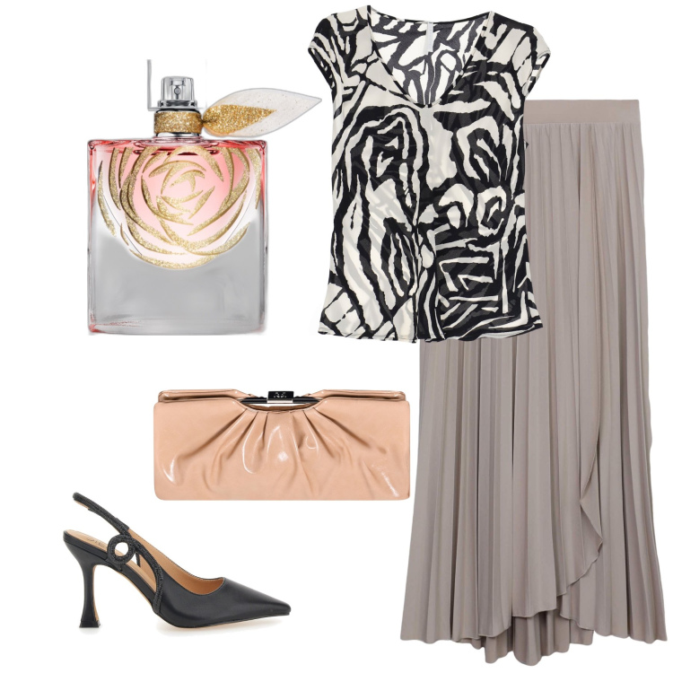 Outfit donna - Look estivo colori naturali. Stile Casual per Serata fuori. Abbinamento con profumi, gonne lunghe, pochette, top, décolleté.