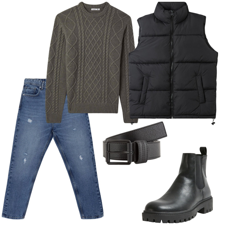 Outfit uomo - Jeans, pull e smanicato. Stile Casual per Tutti i giorni. Abbinamento con stivali e stivaletti, piumini, maglieria, jeans strappati, cinture.