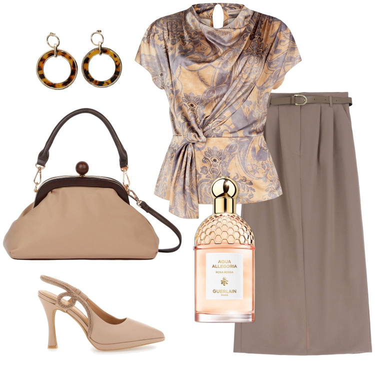 Outfit donna - Blusa retro’. Stile Vintage retrò per Serata fuori. Abbinamento con profumi, bluse, gonne lunghe, orecchini, décolleté, clutch.