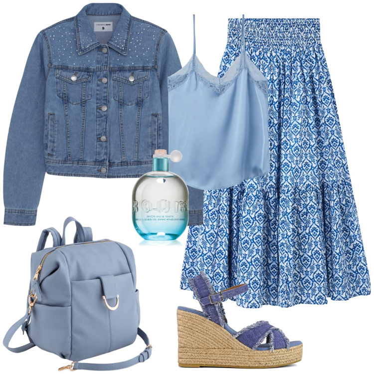 Outfit donna - Zainetto azzurro pervinca. Stile Vintage retrò per Serata fuori. Abbinamento con gonne lunghe, cappotti, top, profumi, zaini, zeppe.
