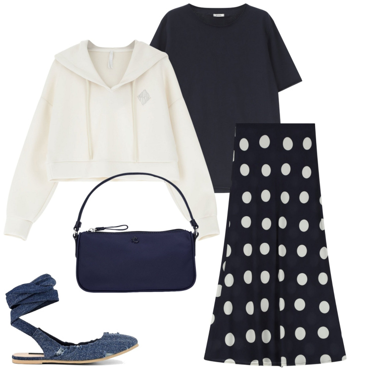 Outfit donna - New collection Imperial. Stile Casual chic per Ufficio. Abbinamento con gonne lunghe, t-shirt, felpe con cappuccio, pochette, ballerine.