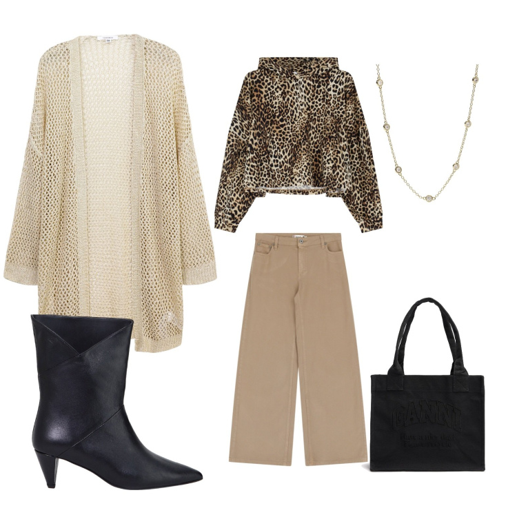 Outfit donna - Animalier. Stile Casual Abbinamento con kimono, collane, pantaloni, felpe con cappuccio, stivaletti, shopping bag.