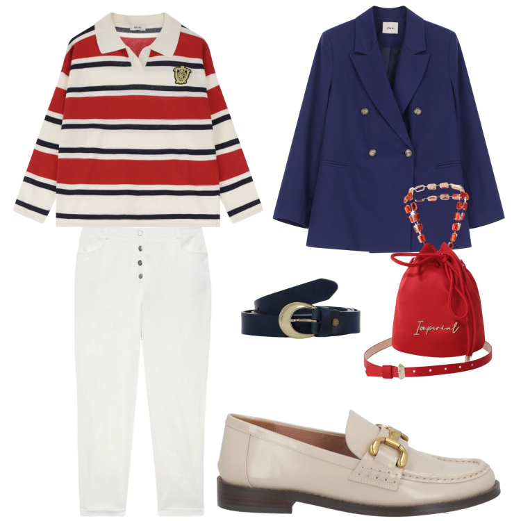 Outfit donna - Una polo a righe bianche/rosse/blu. Stile Casual chic per Tutti i giorni. Abbinamento con mocassini, borse a secchiello, pullovers, blazer, cinture, pantaloni.