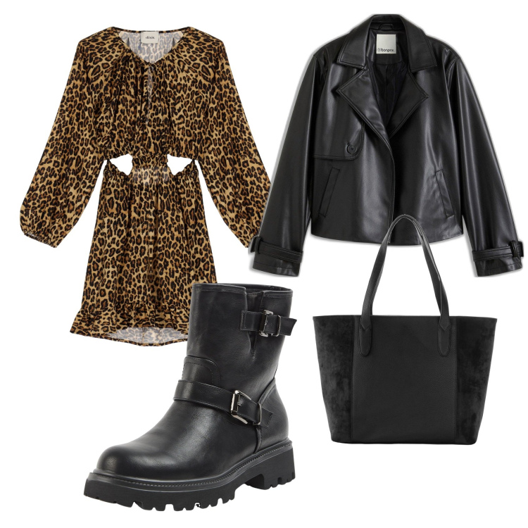 Outfit donna - Sabato pomeriggio. Stile Rock per Serata fuori. Abbinamento con shopping bag, trench, stivaletti, vestiti corti.