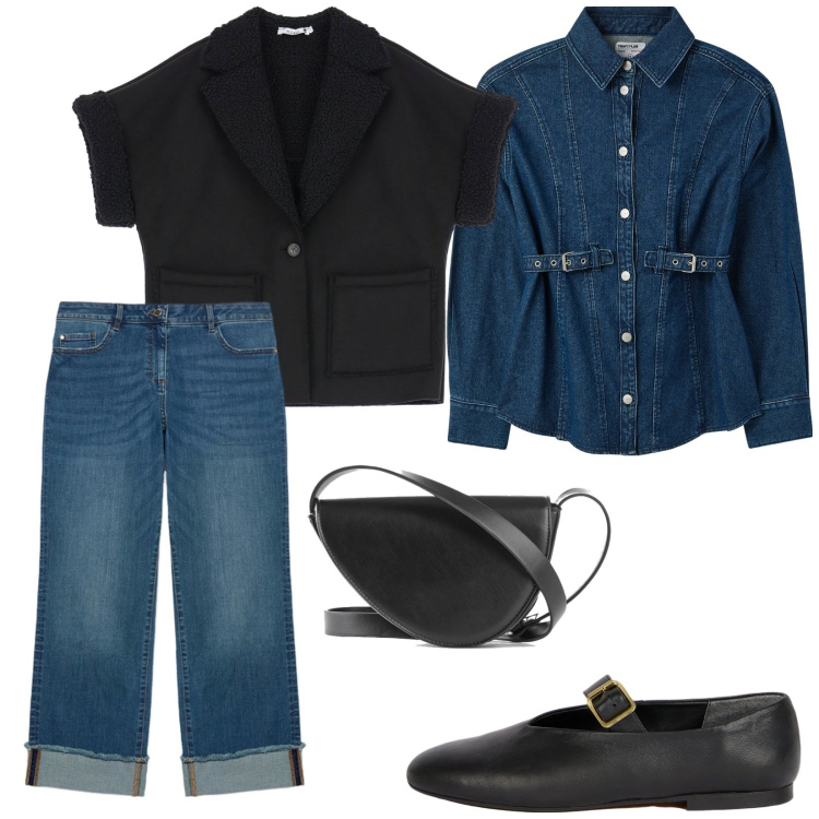 Outfit donna - Total look #2082408. Stile Trendy per Tutti i giorni. Abbinamento con borse a tracolla, camicie, blazer, jeans dritti, ballerine.