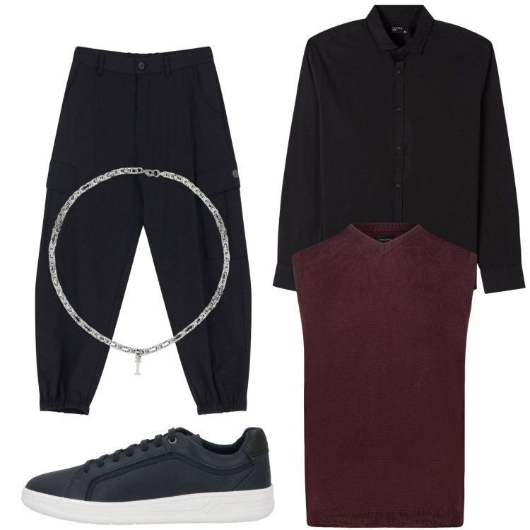 Outfit uomo - Total look #2082409. Stile Trendy per Serata speciale. Abbinamento con sneakers, camicie, collane, pantaloni cargo, gilet.