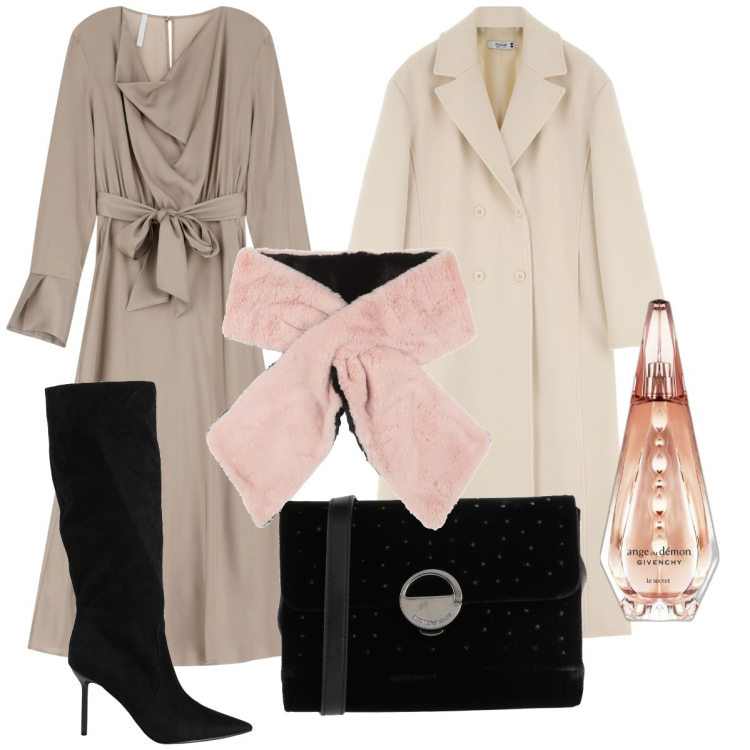 Outfit donna - Serata condivisa. Stile Boho per Serata fuori. Abbinamento con borse a tracolla, stivali, sciarpe, profumi, cappotti, vestiti midi/longuette.
