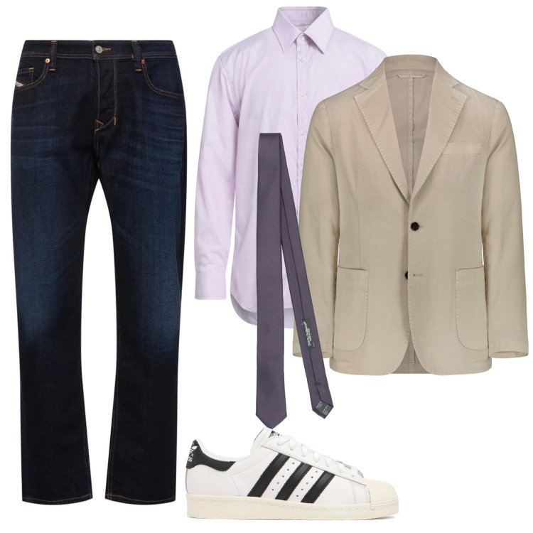 Outfit uomo - La camicia lilla. Stile Trendy per Tutti i giorni. Abbinamento con cravatte, camicie, giacche, jeans dritti, sneakers.
