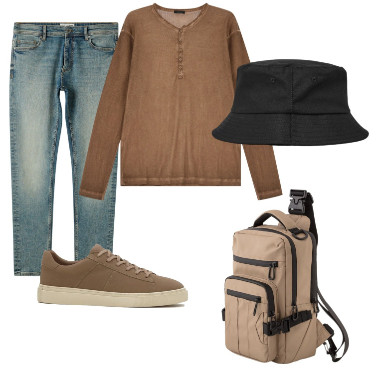 Outfit uomo - Total look #2082416. Stile Casual per Tutti i giorni. Abbinamento con sneakers, cappelli, jeans skinny, t-shirt, borse sportive.