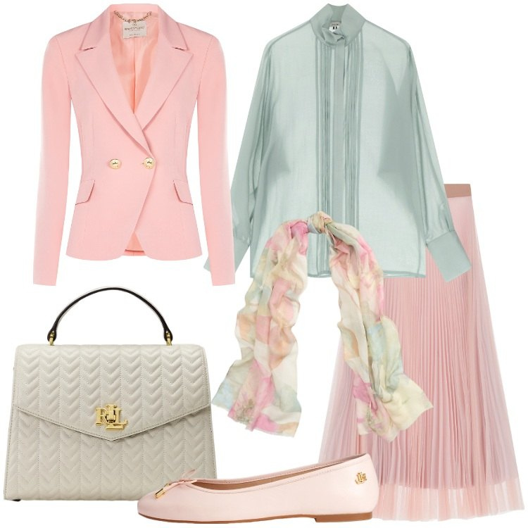 Outfit donna - Toni pastello in primavera - @marystyle. Stile Romantica per Cerimonia. Abbinamento con gonne lunghe, camicie, blazer, borse a mano, ballerine, sciarpe.